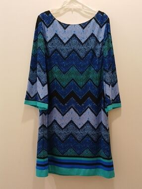 Eliza J Blue & Teal Chevron Shift Dress Sz 14